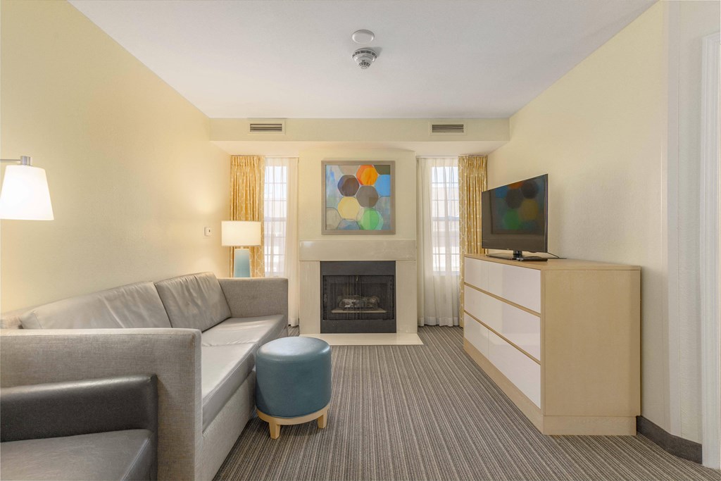 a living room with couches and a tv and a fireplace